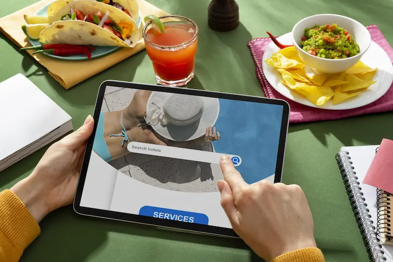A chef looking at a tablet displaying a successful Facebook ad campaign for their restaurant.