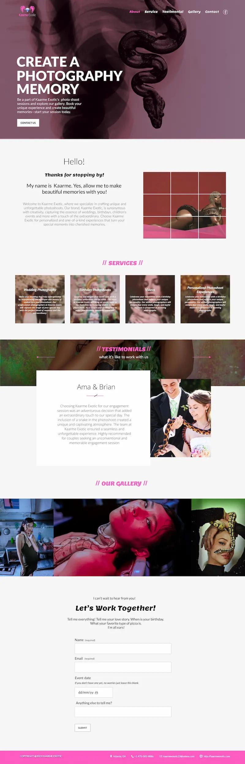 A full-length screenshot of the modern, one-page Kaarme Exotic website.