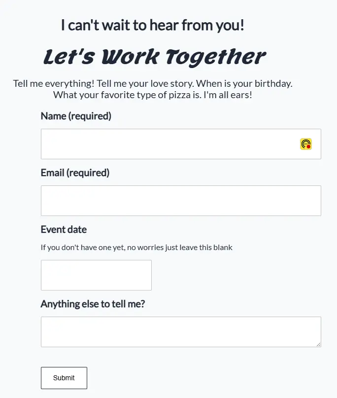 A screenshot of the simple, discreet inquiry form for booking the service.